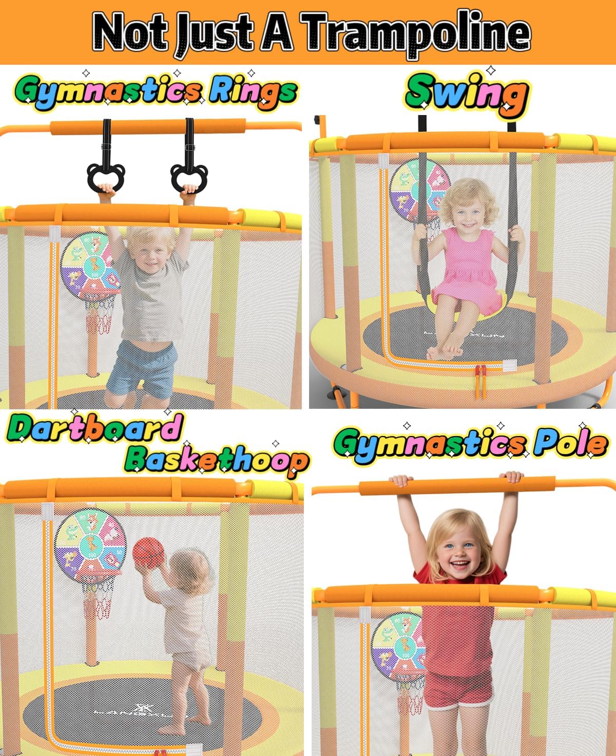 LANGXUN 5ft 60 inch 6-in-1 Kids Trampoline, Toddler Mini Bouncer with Swing, Basketball Hoop, Dart Board and Ring Game, Indoor Outdoor Play Set for Boys Girls