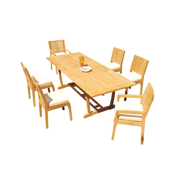 Grade-A Teak Dining Set: 6 Seater 7 Pc: 94" Mas Rectangle Trestle Leg Table And 6 Maldives Chairs (2 Arm & 4 Armless Chairs) WholesaleTeak #51ML2107