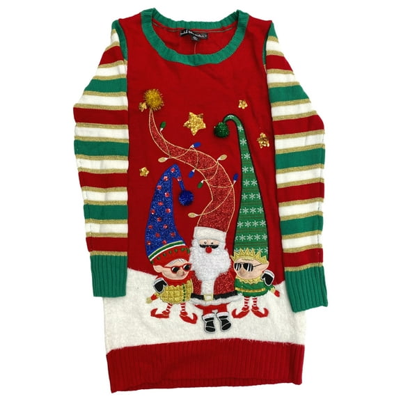 Womens Red Sequin Elf Long Tunic Style Christmas Holiday Sweater X-Small