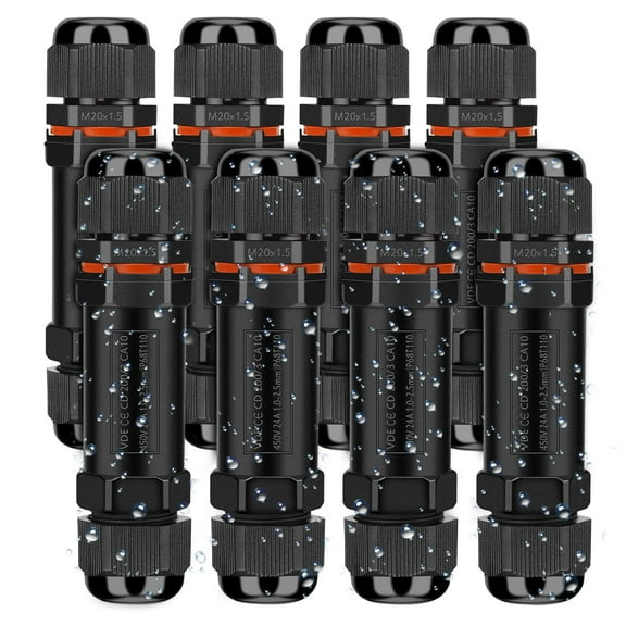 8-Piece Set Outdoor Cable Connector, IP68 Waterproof Electrical Connectors for 3-12mm Cable Diameter, Easy Installation Junction Box for Outdoor Lighting and External Wiring