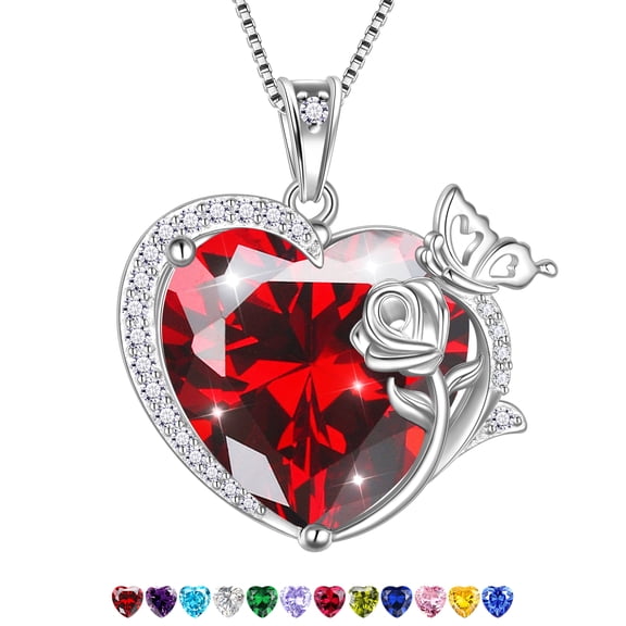 Juwaliy Women Heart Necklace 925 Sterling Silver Butterfly Rose Flower Pendant January Birthstone Garnet Red Jewelry Wife Mother Valentine's Day Gifts