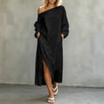 thumbnail image 2 of Vynhevius Oversized Womens Dresses Off Shoulder Slit Hem Loose Fit Long Sleeve Solid Dresses, 2 of 5