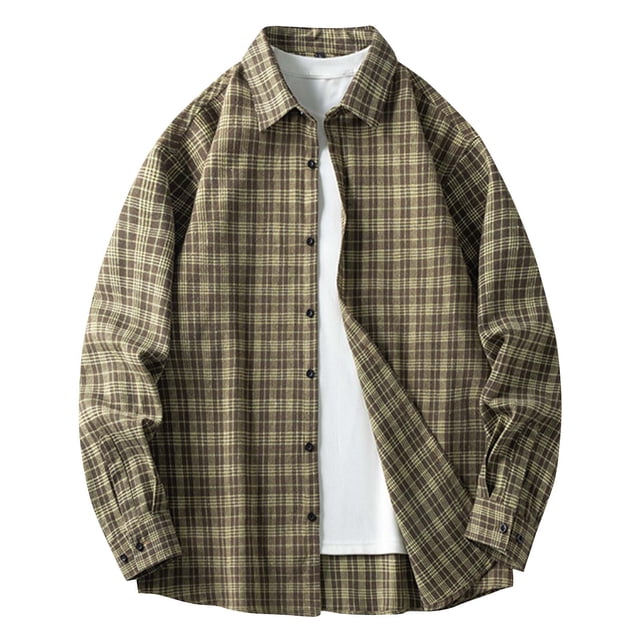 Blusa y camisa de manga larga con cuello vuelto para hombre, moda informal, cuello vuelto, botones, entramado, camisa de manga larga, abrigo holgado, abrigo de poliéster para hombre