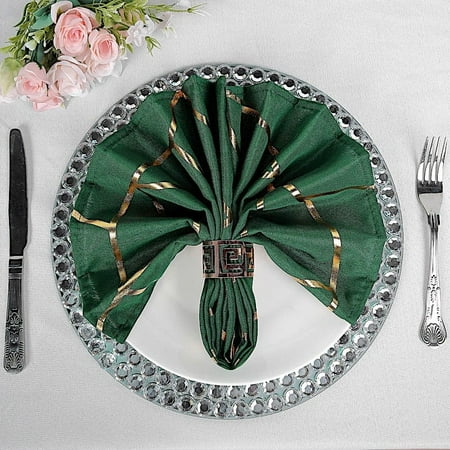 

5 Hunter Green with Gold Geometric Design Polyester Dinner Table Napkins