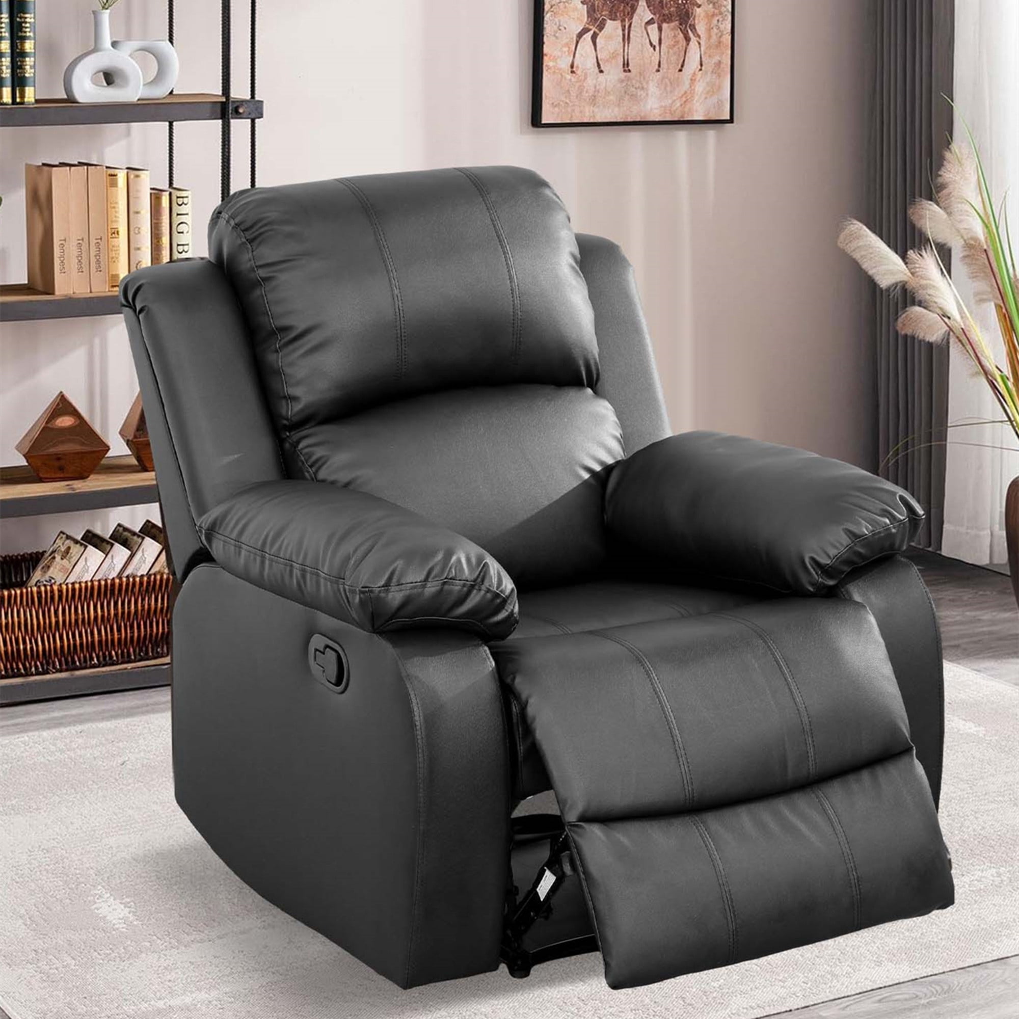 Aukfa Faux Leather Manual Recliner Chair Single Sofa Armchair for Living Room, Bedroom, Black