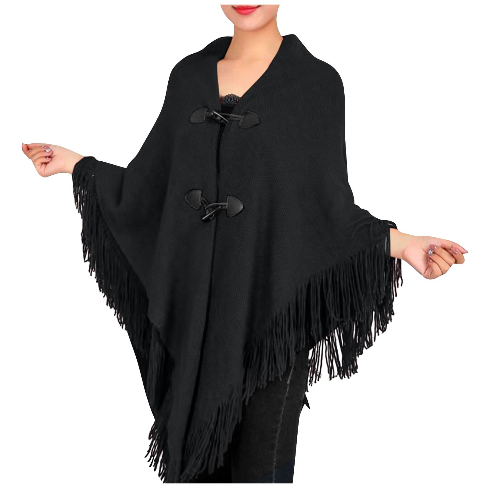QWERTYU Women's Elegant Tassle Cape Knitted Button Up Poncho Sweater Coat  Shawl Black One Size