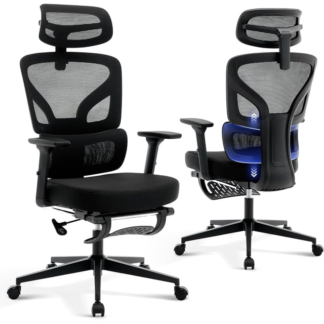Ergonomic Office Chair with Adjustable Footrest, Rolling Swivel Computer Chair, High-Back Mesh Desk Chair with Lumbar Support, for Home & Office, Black