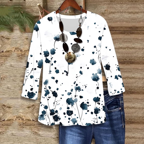 Viluyesy 3/4 Sleeves T-Shirt Women Round Neck Shirt Tops Fashionable Loose Blouse Navy Size M