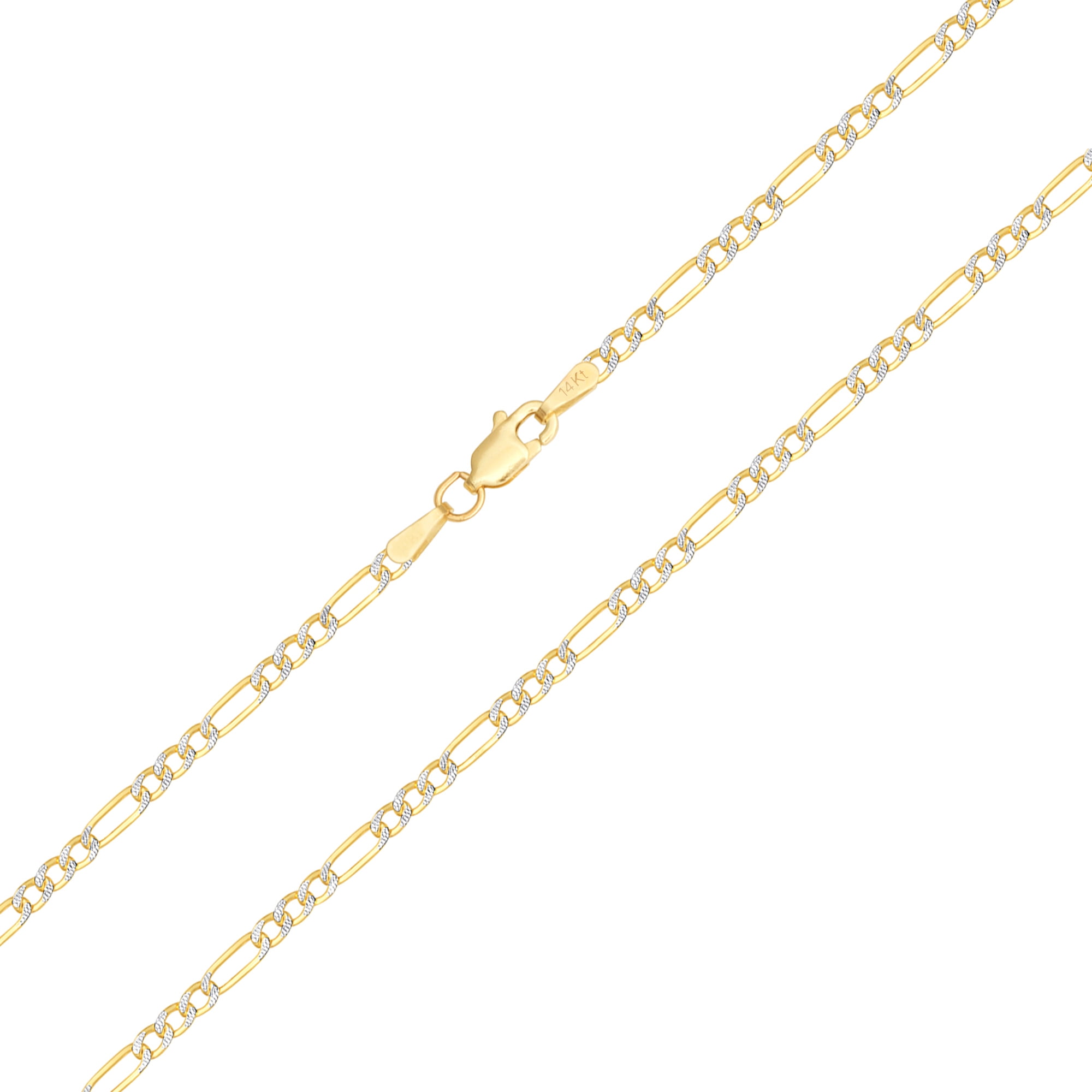 Nuragold 14k Real Yellow Gold Solid Figaro Link 2.5mm Diamond Cut Pave Chain Necklace (16"-26") Two Tone Italian Jewelry for Men & Women