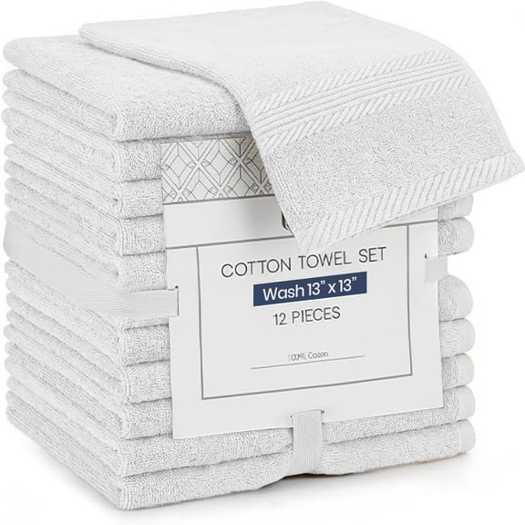Linteum Textile Face Towel Set, 13x13 Inch, 100% Soft Cotton, 16 Single Ring Spun Washcloths, Absorbent & Durable Face Towel for Household, Spa, Gym and Hotels - 12 Pack (White)