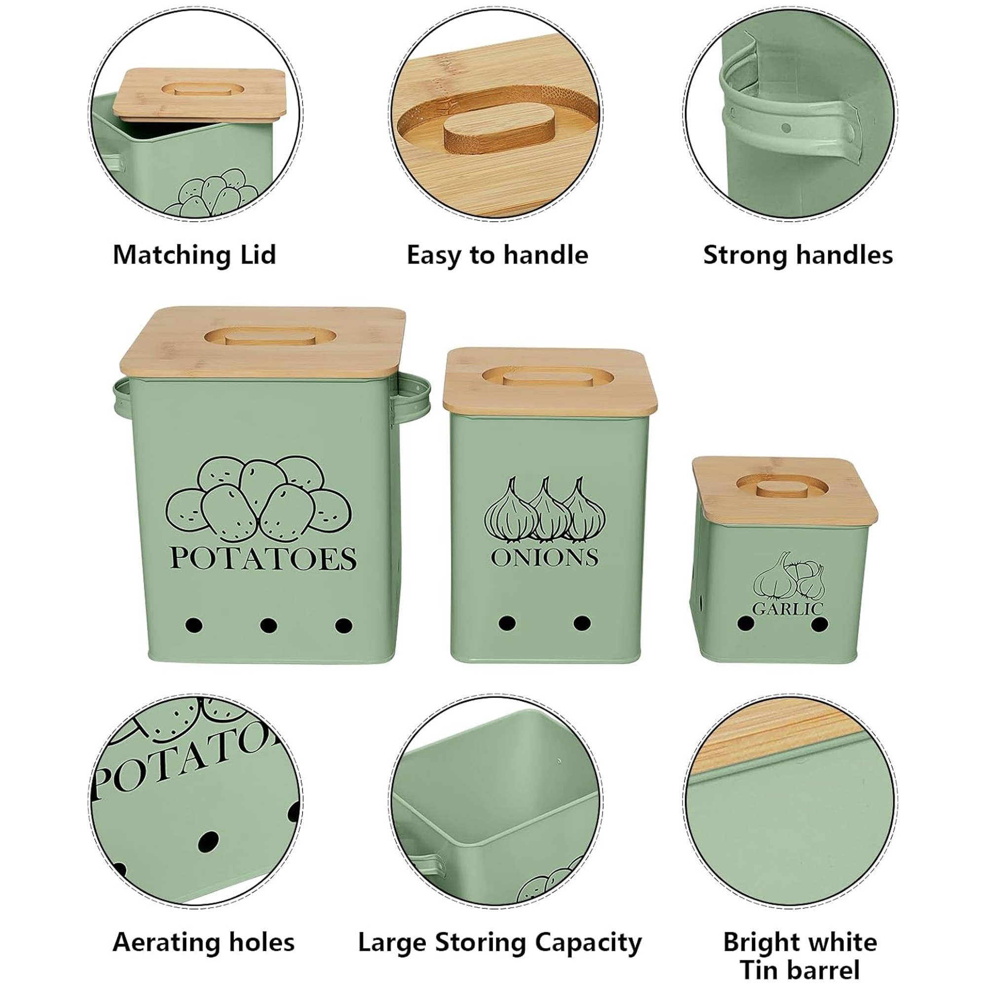 Pethiy Kitchen Canisters Set, Storage Bin for Potato Onion & Garlic, 3 Pack Set Countertop Pots Containers with Wooden Lid - Potato Storage, Garlic Bin, Onion Keeper Tin with Aerating Holes-Green