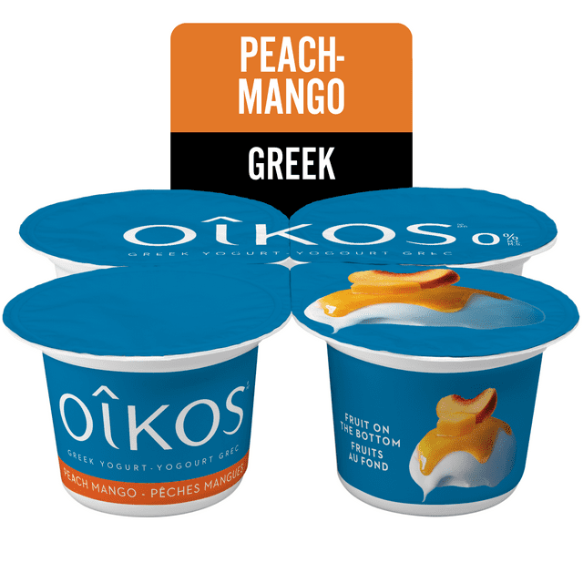 Oikos Greek Yogurt, Peach-Mango, Fruit on the Bottom, 0% M.F, 4x100g
