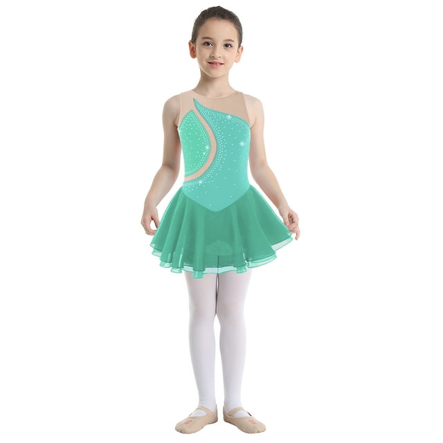 YONGHS Robe Tutu de Patinage Artistique avec Strass Brillants pour Filles Enfants, Justaucorps de Gymnastique Ballet Vert 6
