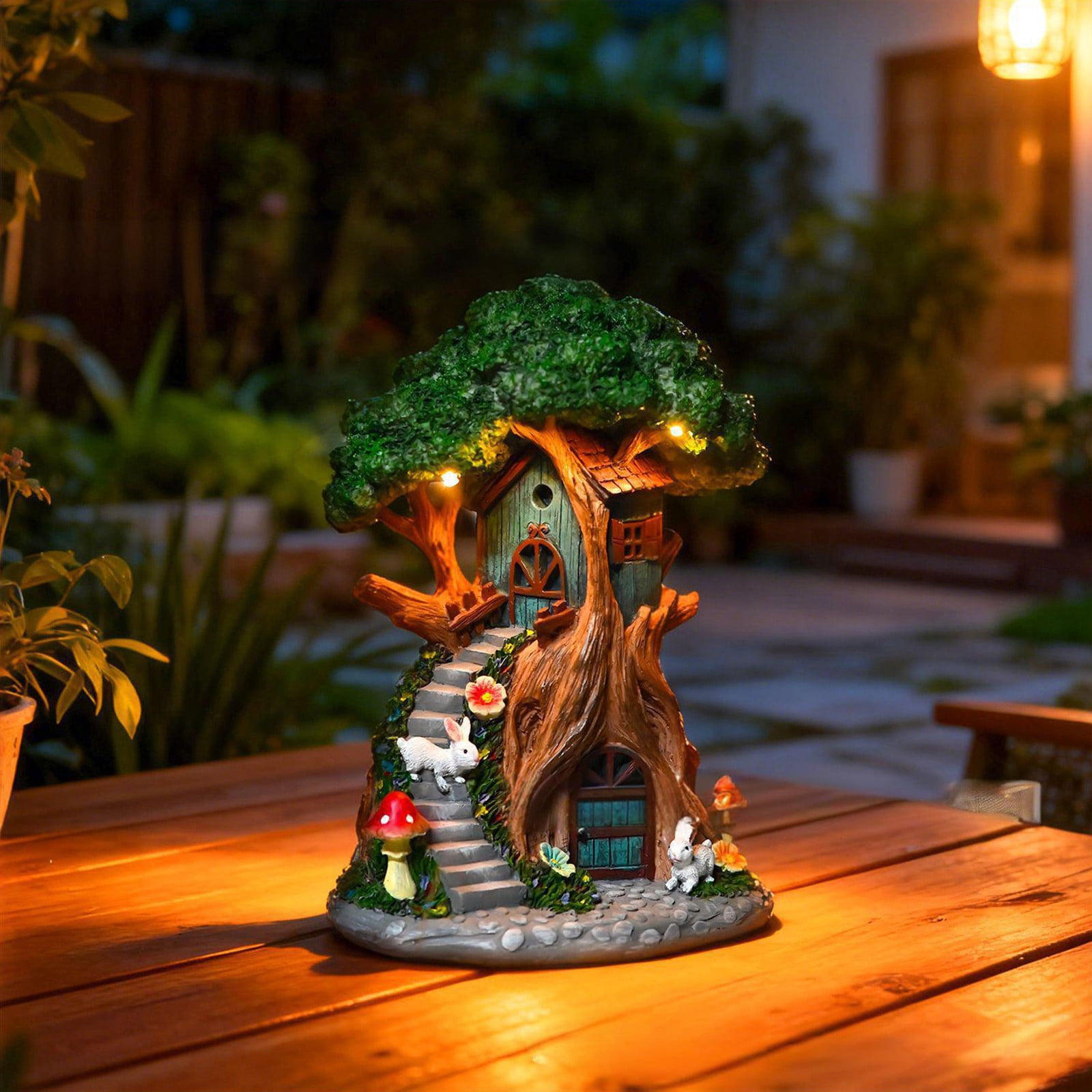 Ke1Clo Solar Tree House Garden Statue, Whimsical LED Outdoor Decor Garden Ornament, Resin Yard Art Sculpture for Patio Lawn Landscaping