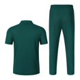 thumbnail image 5 of 2 Piece Waffle Textured Matching Suit for Men Deep V Lapel Polo Shirt Drawstring Waist Straight Leg Pants Wrinkle Resistant Casual Outfit for Weekend Resort Travel Blackish Green L, 5 of 6