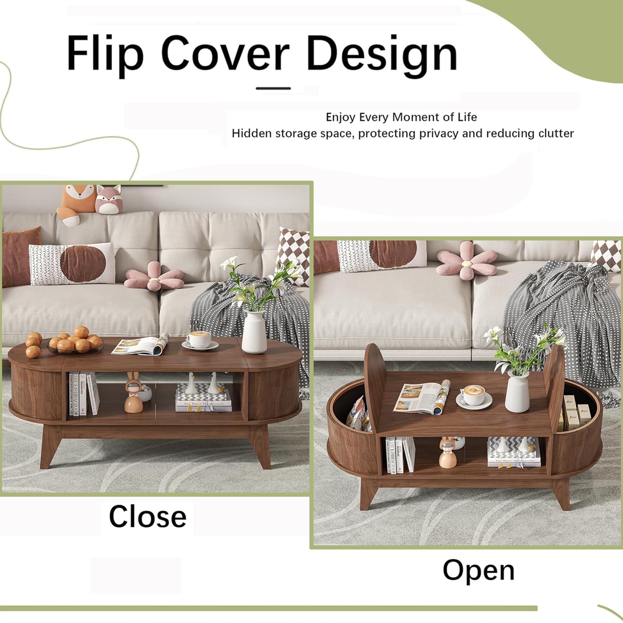 Fluted Coffee Table with Storage, Modern Coffee Tables, Wood Accent Center Table