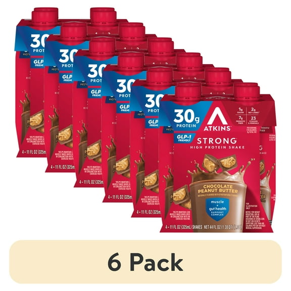 (6 pack) Atkins Strong High Protein Shake, Chocolate Peanut Butter Flavor, 30g Protein, Low Carb and Low Sugar, Keto Friendly, Gluten-Free, Muscle and Gut Health Support, 4 Count