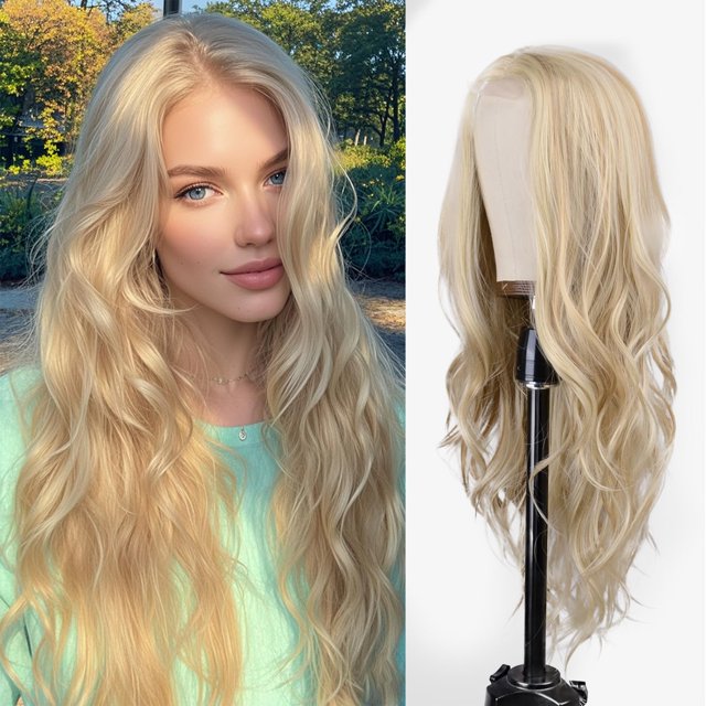 Peluca larga, rubia, ondulada, 66 cm, sintética, resistente al calor, color T