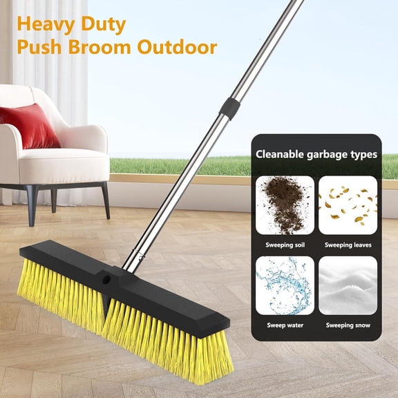 18" Push Broom 65" Adjustable Handle Heavy-Duty Stiff Bristles for Yard Garage Outdoor Cleaners