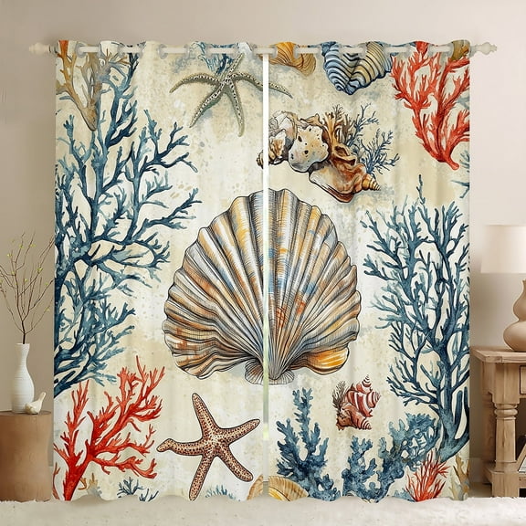 Erosebridal Vintage Seashell Curtains Pack of 2 (38x45), Ocean Starfish Curtains for Living Room, Coral 30%-50% Black Out Curtains, Window Drapes Bedroom Decorative