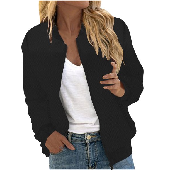 Women's Zip Up Jacket, Casual Long Sleeve Loose Fit Baseball Style Outerwear for Spring and Fall