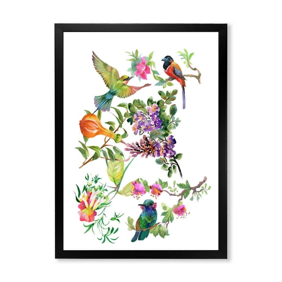 Designart 'Colourful Birds and Tropical Flowers II' Traditional Framed Art Print