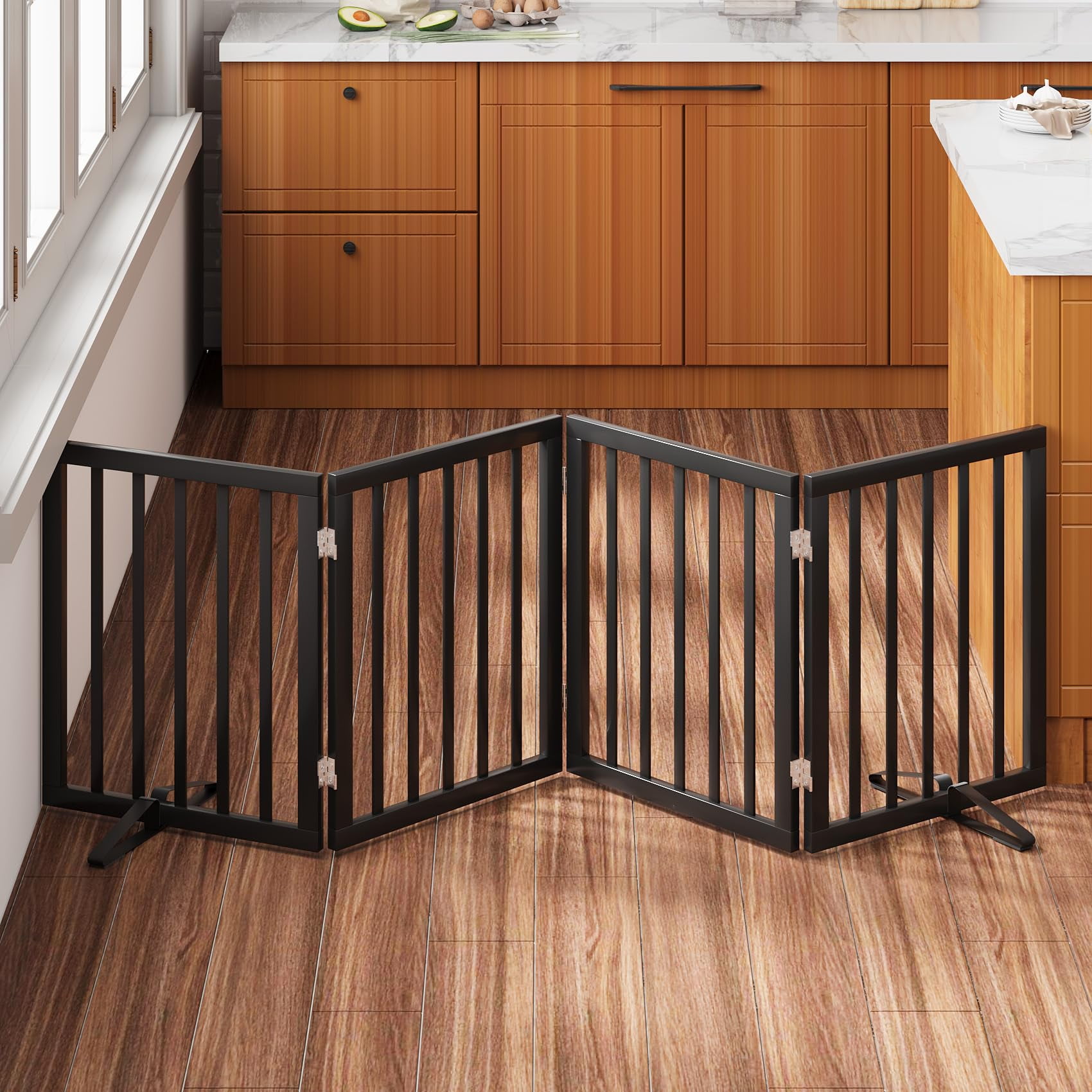 Smart FENDEE Bamboo Dog Gate Freestanding Pet Gate with 2 Support Feet for Doorways,Black,24"H,4 Panel