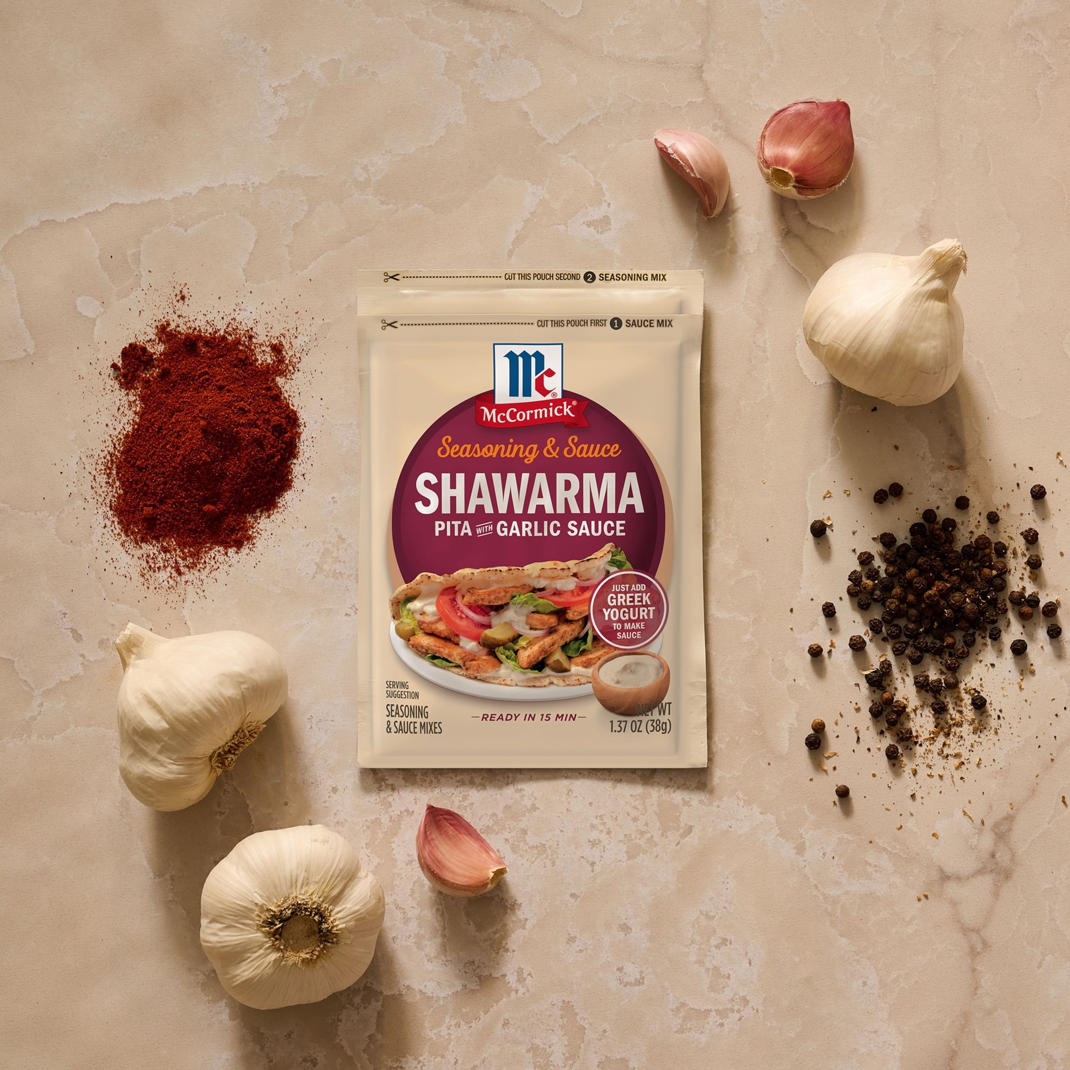 (3 pack) McCormick Shawarma Pita & Garlic Sauce Seasoning & Sauce Duo, 1.37 oz Packet