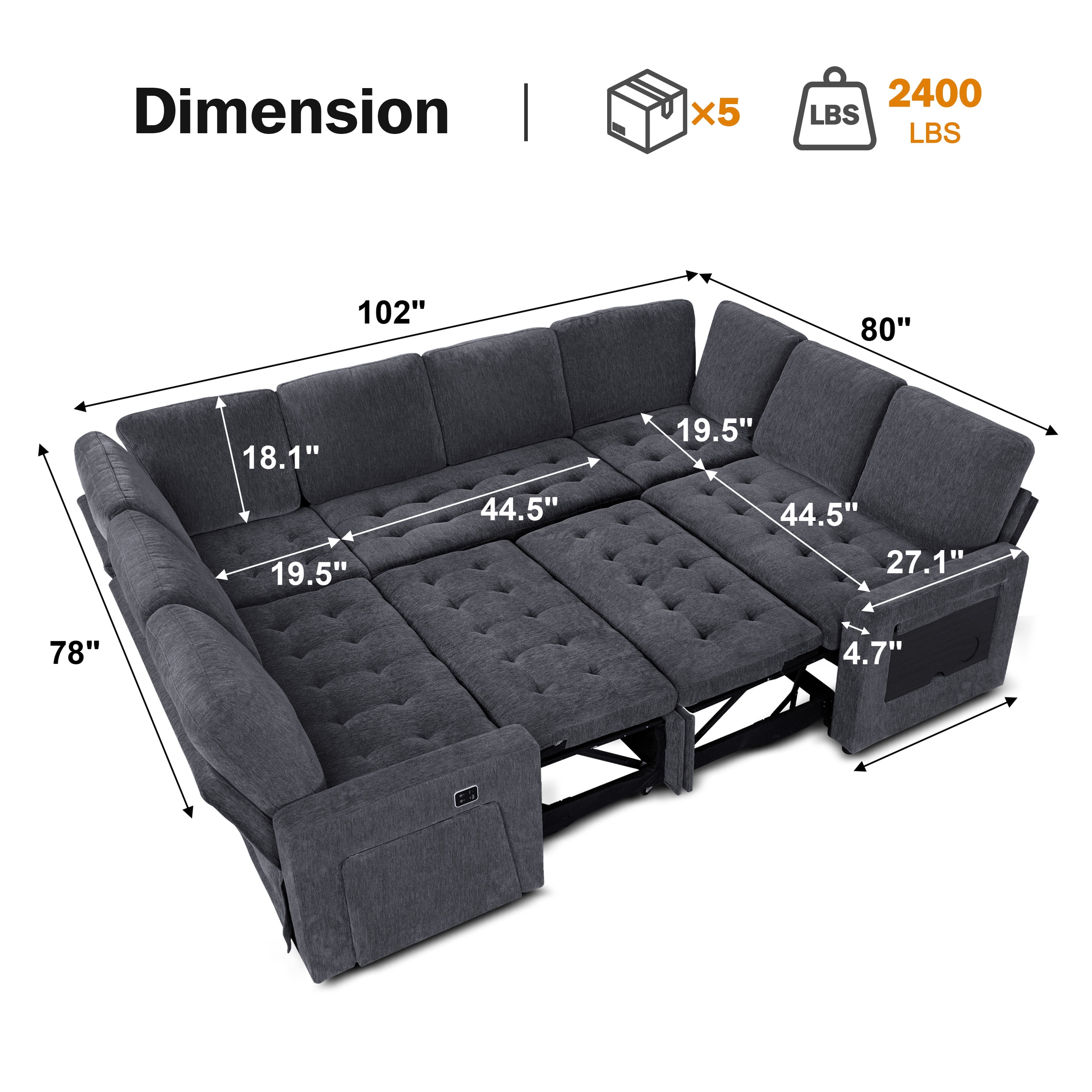 8-Seat Large U Shaped Modular Sectional | Pull Out Bed Sleeper Sofa Dark Grey/ Reclining Backrest, USB Ports, LED Light & Storage Seat - Tool-Free Assembly