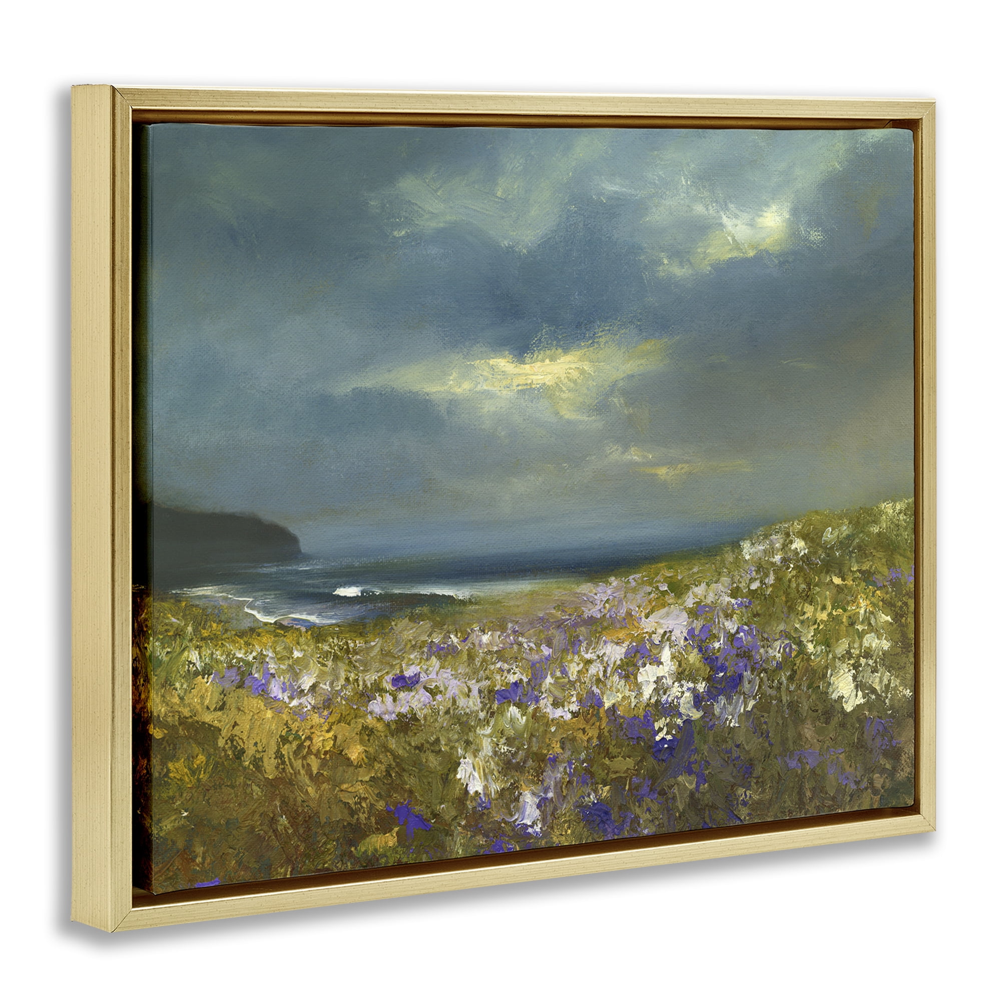 Stupell Industries Flowers by Stormy Beach Landscape & Nature Painting Gold Floater Framed Canvas Art Print Wall Art, 31 x 25