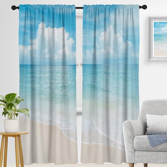 Beach Window Curtain White Ocean Coastal Tropical Blue Sky Sea Hawaiian Seashore Seascape Nautical Cloud 52" W x 84" L Living Room Bedroom Bathroom Curtains 2 Panels Rod Pocket Drapes