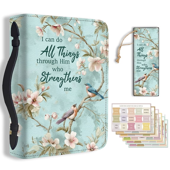 1pc Large Bible Cover 20.3x28.5x5.9cm PU Leather Book Protector Case with Bookmark Birds and Flowers Bible Carrying Case