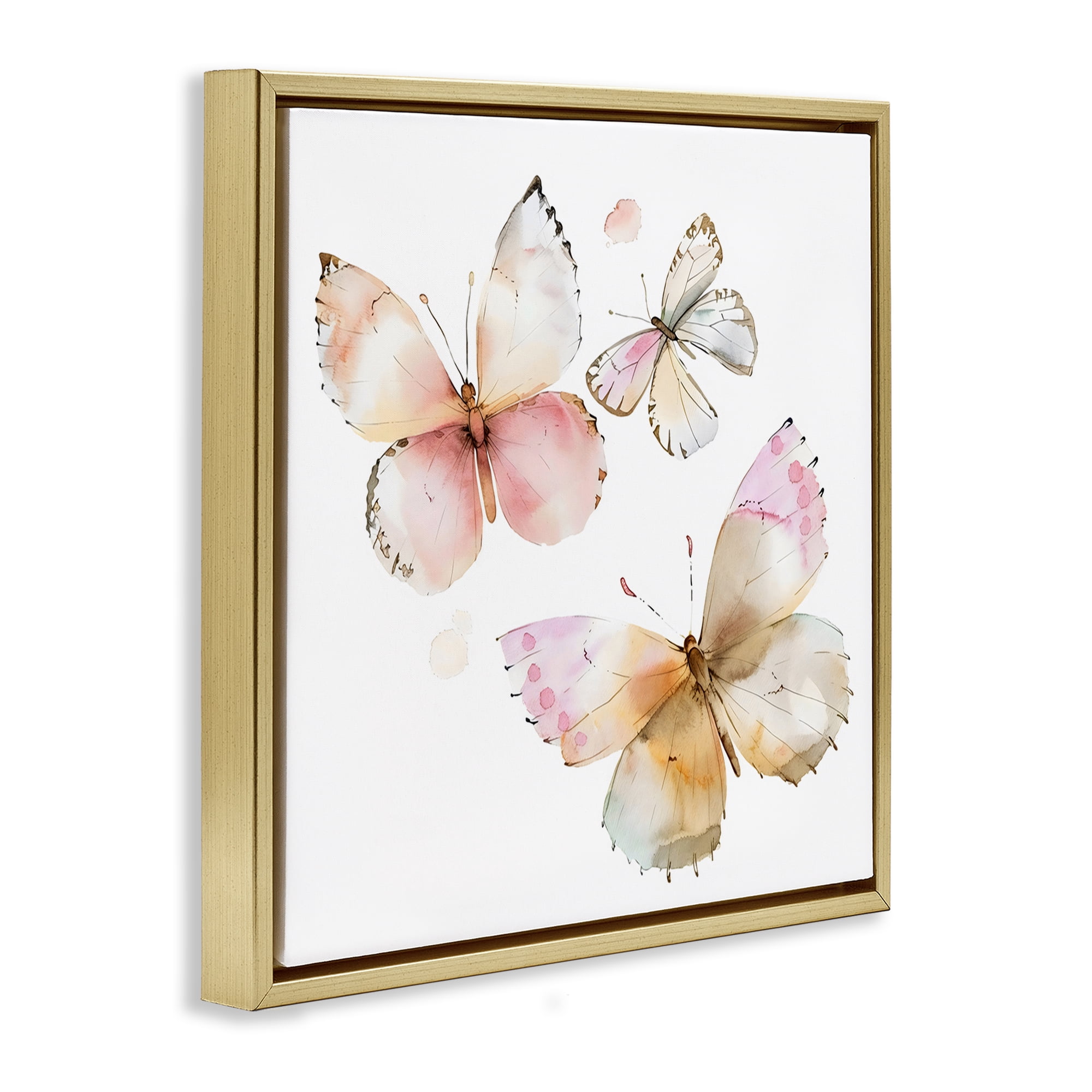 Stupell Industries Pink Watercolor Butterfly Trio Gold Framed Floater Canvas Wall Art, design by Creative Studio