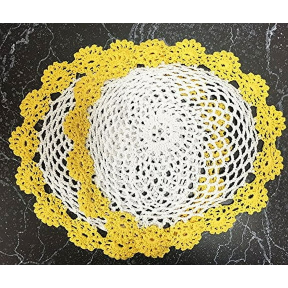Fennco Styles Handmade Two Tone Floral Crochet Tray Cloth Doily, 9-inch Round, 2 Pieces, 7 Colors (Yellow)