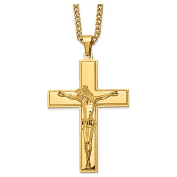 Mens Chisel Yellow Plated Stainless Steel Crucifix Necklace with Chain for Men