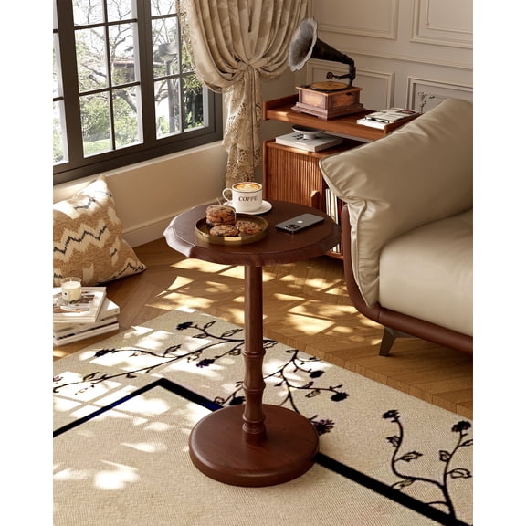 NKGIAG Vintage Solid Wood Round Pedestal Side Table, End Table for Living Room, Walnut