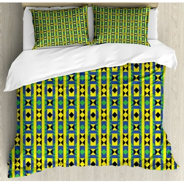 Kente Pattern Queen Size Duvet Cover Set, Geometric Vertical Borders Funky Colorful Native Kenya Design with Triangles, Decorative 3 Piece Bedding Set with 2 Pillow Shams, Multicolor, by Ambesonne