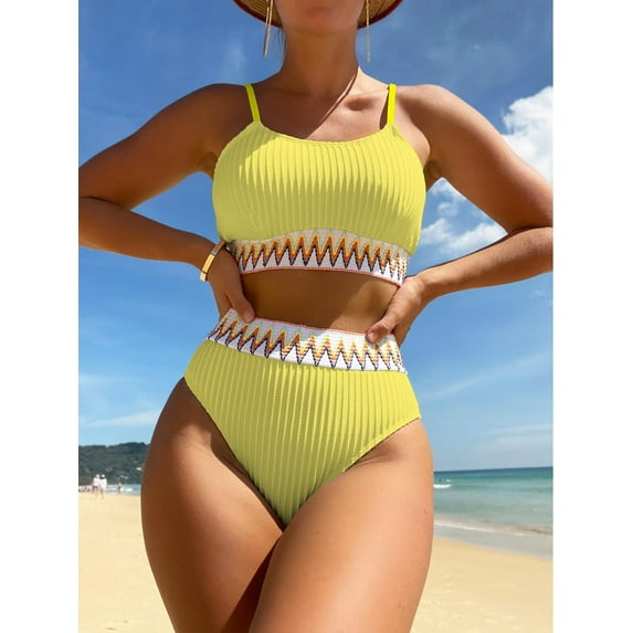 SEARIPE Women's Contrast Trim High Waist Ribbed Cami Bikini Sets Chevron Tape Two Piece Bikini Swimsuit Sets Yellow S