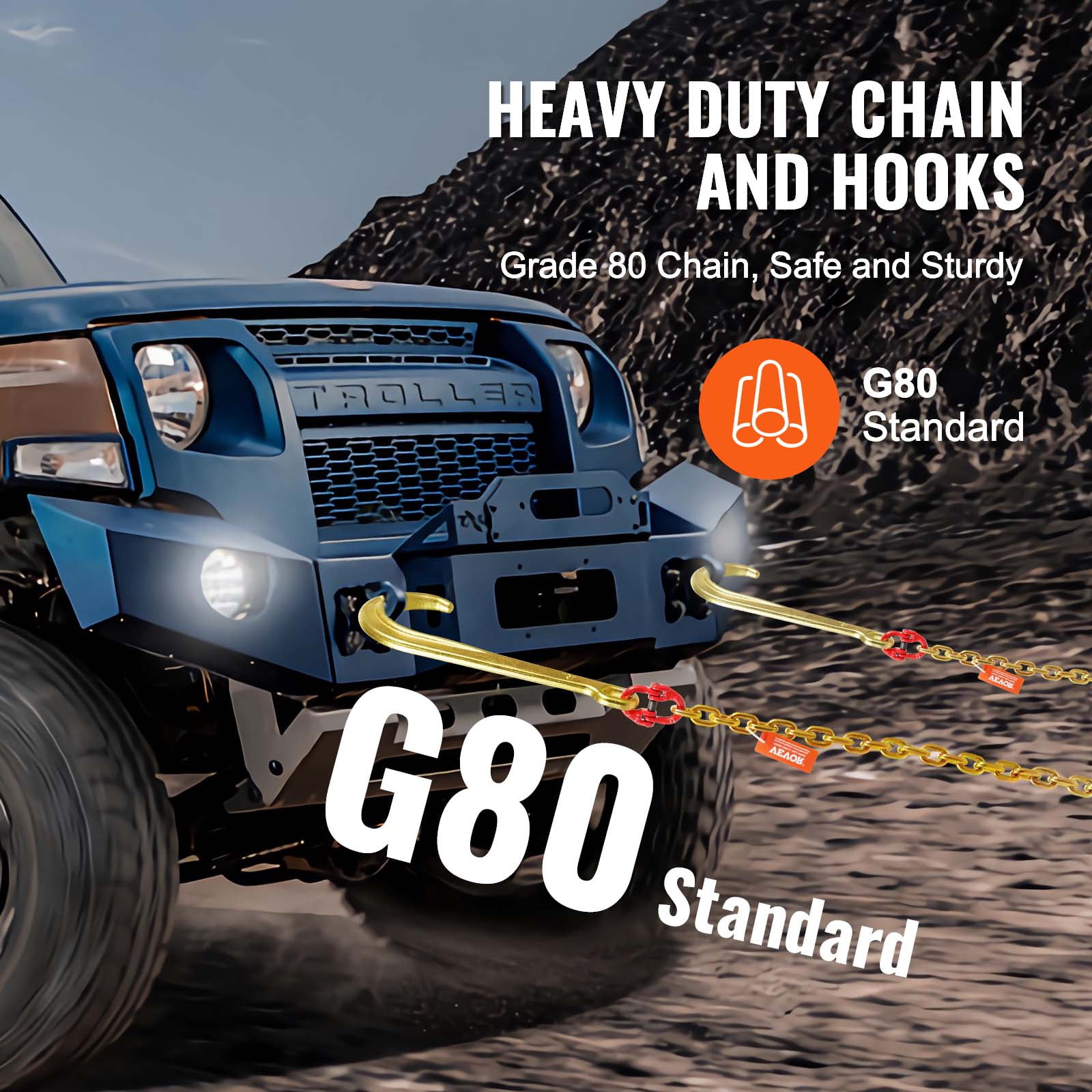 VEVOR J Hook Chain, 2PCS 5/16" x 6' G80 15" Long Shank J Hook Tow Chain with RTJ Cluster Hook & Grab Hook, 5400 lbs Working Load, Heavy Duty Transport Truck Chain for Wrecker Recovery Trailer Towing