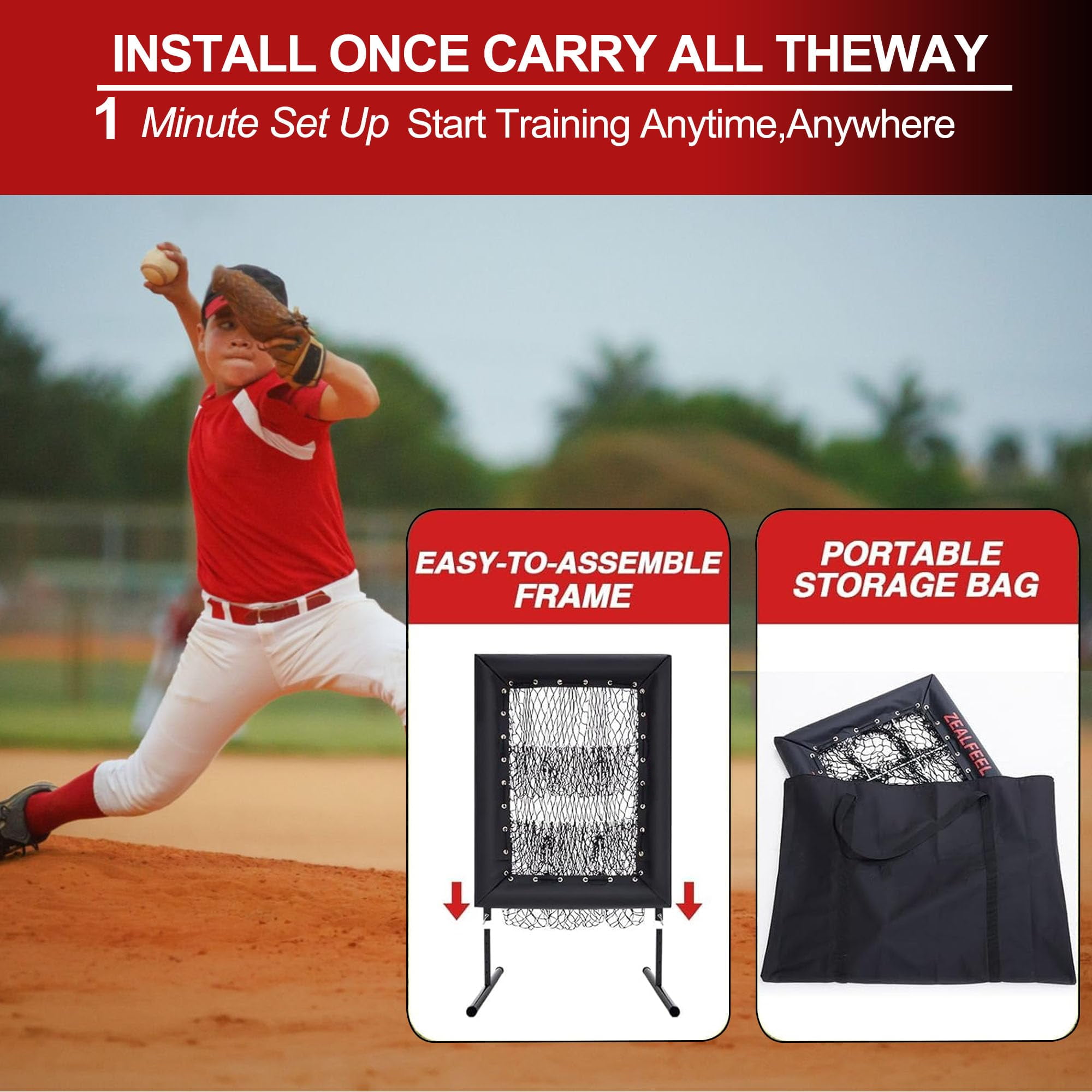 Adjustable Pitching Net,9 Hole Pitching Net with Strike Zone, 5-Level Trainer for Softball & Baseball, Includes Carry Bag & Ball, Durable Rebound Practice Net for All Ages
