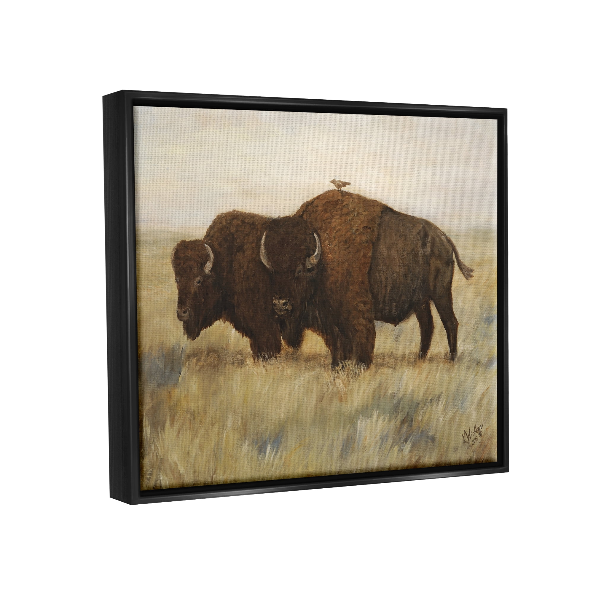 Stupell Industries Bird on Bison Rural Scene Animals & Insects Painting Black Floater Framed Art Print Wall Art