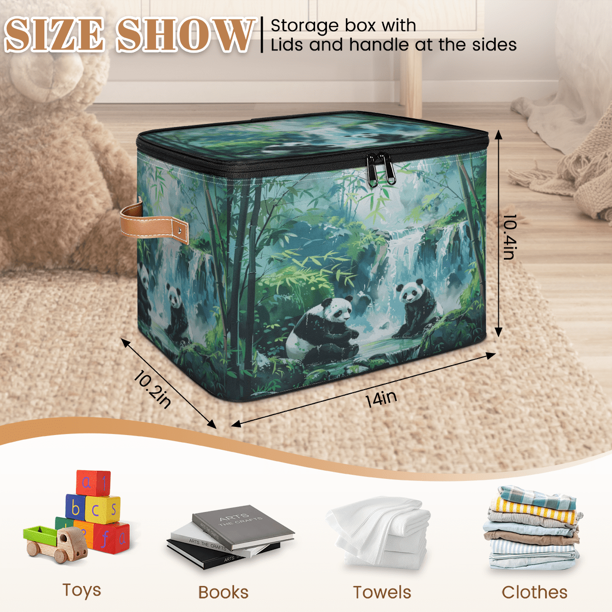 ADECORIVY Cute Panda Storage Bin with Lid Fabric Forest Bamboos Leaves Foldable Storage Baskets Boxes for Clothes Shelves Closet Organizer Containers with Leather Handles for Wardrobe