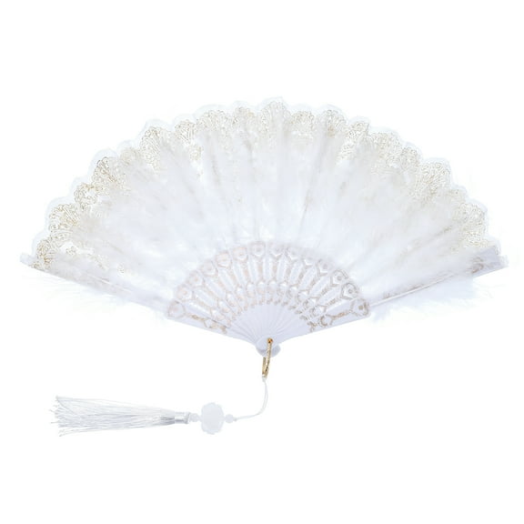 Uxcell Embroidered Flower Marabou Feather Fan, Vintage Folding Handheld Fan for Costume Party Dancing Wedding Show White