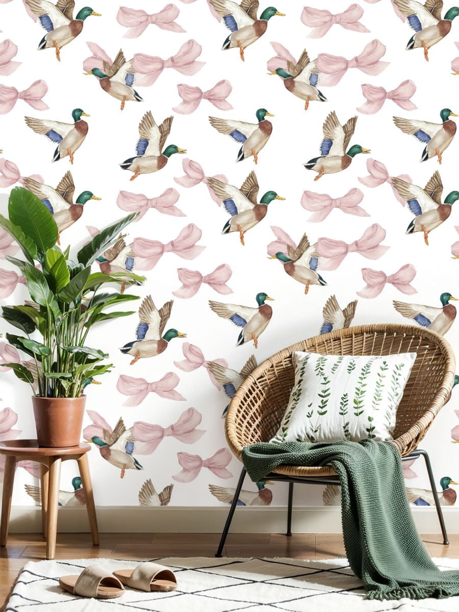 Peel and Stick Wallpaper Mallard Ducks Pink Bows Watercolor Soft Pastel Tones Wall Mural 23.6in x 9.8ft Self Adhesive Removable Wall Paper Renter Friendly Wallpaper for Nursery Bedroom Cabinets