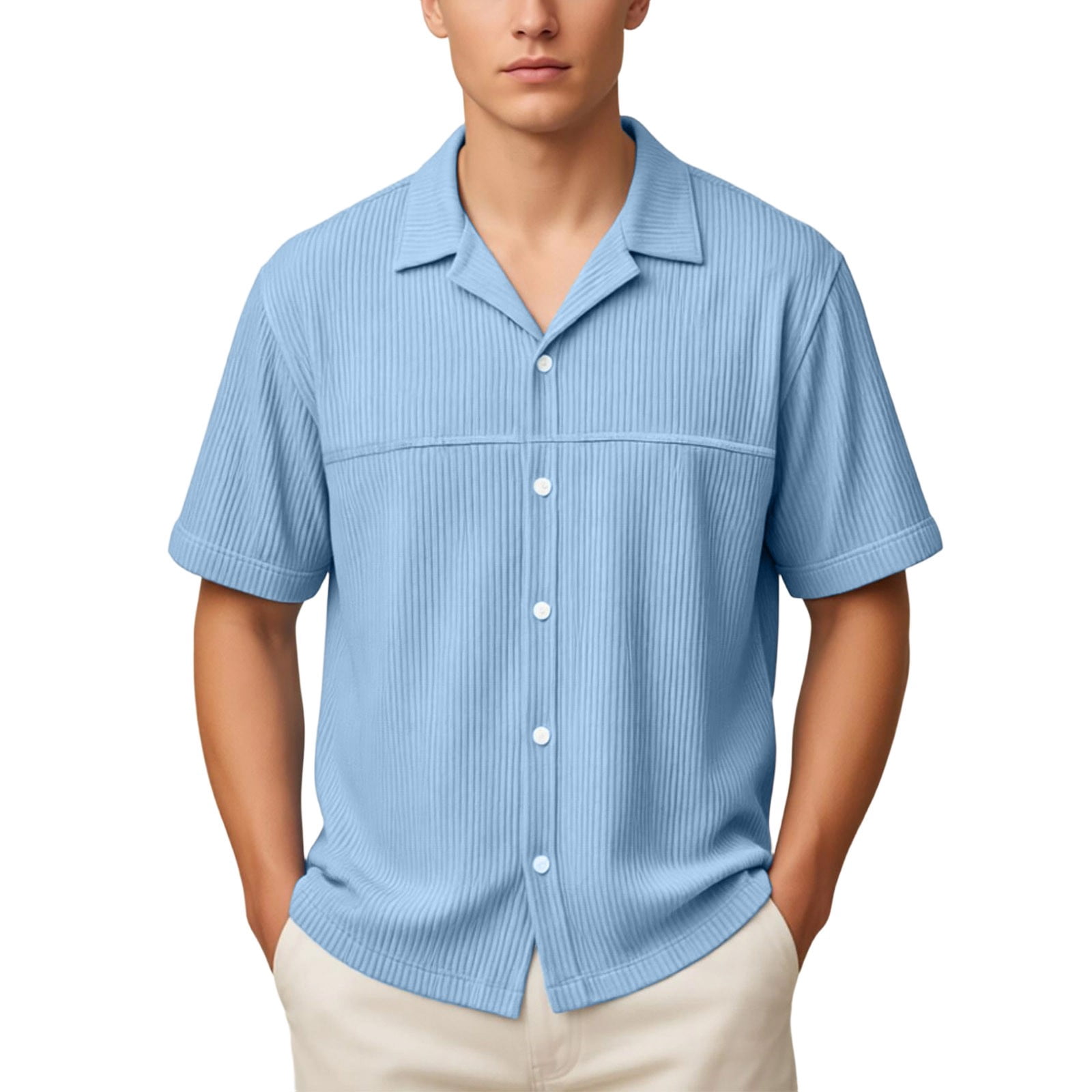 Rhuody T Shirts For Mens Adult Referee Shirt V Neck Striped Sweatshirt Short Sleeved Top Basic Clothing Sky Blue Xl