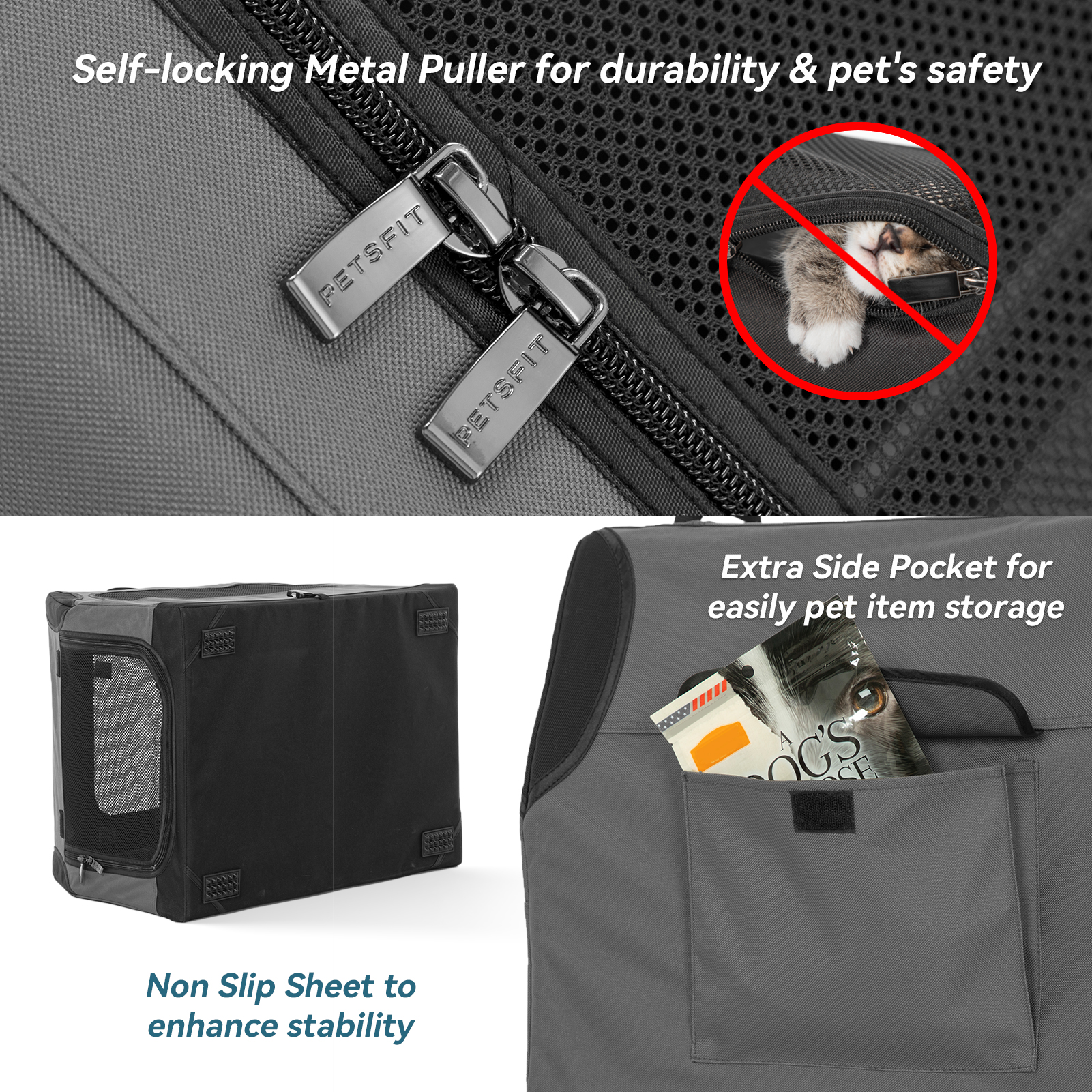 Petsfit Portable Dog Crate, Adjustable Fabric Cover by Spiral Iron Pipe, Strengthen Sewing Collapsible Dog Crate 3 Door Design (30" x 20" x 19", Gray)