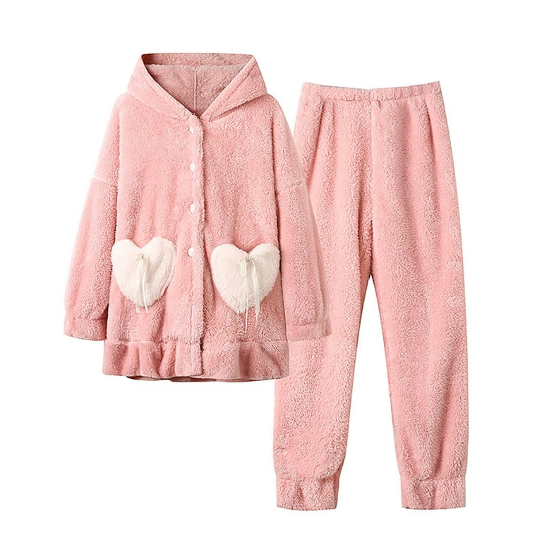 Women's Cute Bunny Ears Pajama Set Fluffy Fleece Teen Girls Sleepwear Warm  Winter Rabbit Hooded 2pcs Lounge Pjs Set
