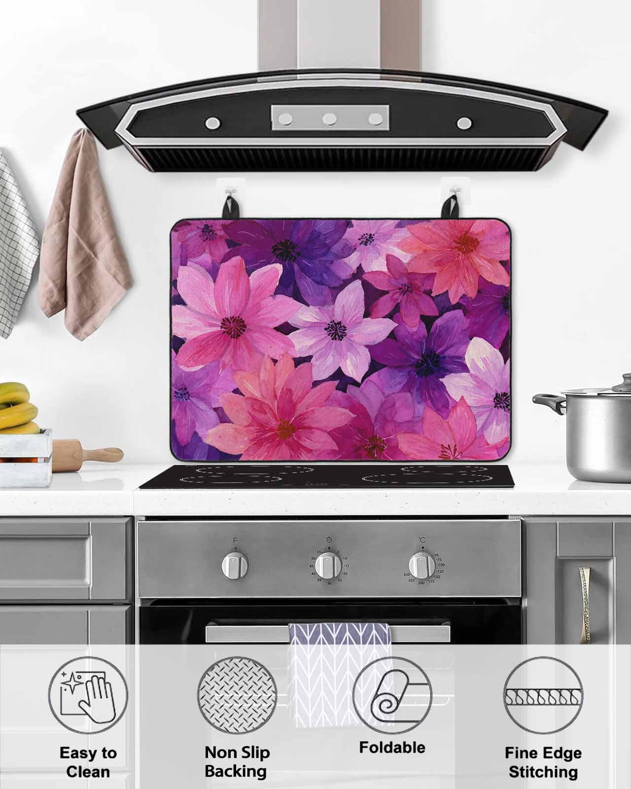 Large Induction Cooktop Protector Mat Watercolor Flowers Stove Top Covers for Electric Stove, Spring Floral Vintage Pink Purple Decorative Stove Burner Cover Mats, Glass Top Stove Cover