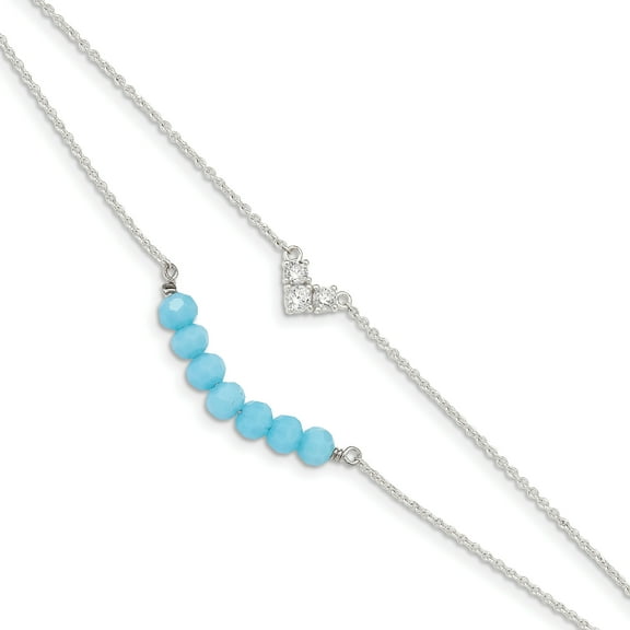 Sterling Silver Cubic Zirconia & Blue Glass Beads with 1in Extender Bracelet
