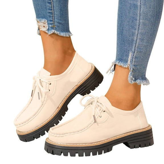 Lace up Loafers for Women Casual Round Toe Stitching Suede Low Top Lug Sole Heeled Dress Shoes Fashion Boat Shoes White Size 6.5